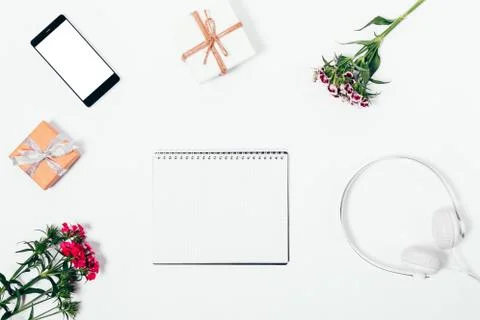 Top view composition with blank notepad in center Stock Photos