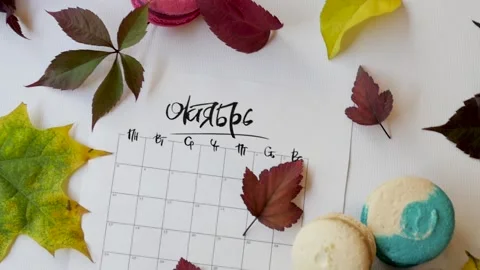 Top view of the composition from the calendar of pasta and autumn flies. Autumn Video stock 139025664