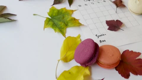 Top view of the composition from the calendar of pasta and autumn flies. Autumn Stock-Footage 139033483