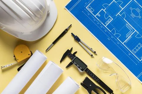 Top view composition different architectural project elements Stock Photos