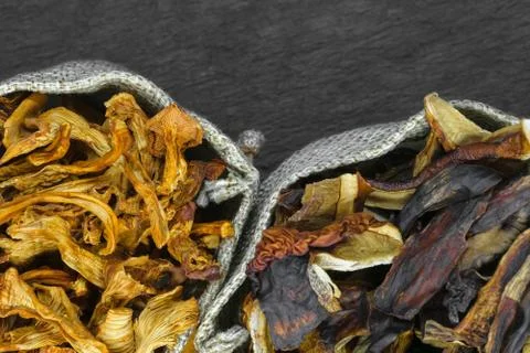 Top view composition of dry boletus and chanterelles mushrooms placed in canv Stock Photos