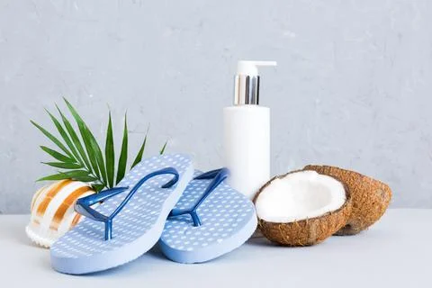 Top view composition of flip flops placed with beach accessories perspective  Stock Photos