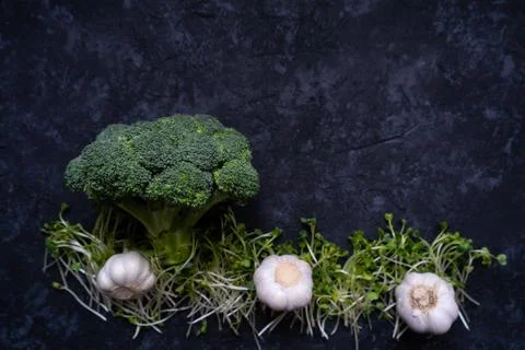 Top view composition of fresh green vegetables: raw broccoli, radish microgreen Stock Photos