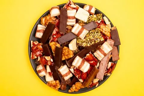 Top view composition or background with delicious chocolate Stock Photos