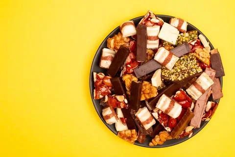 Top view composition or background with delicious chocolate Stock Photos