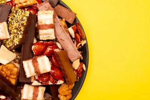 Top view composition or background with delicious chocolate Stock Photos