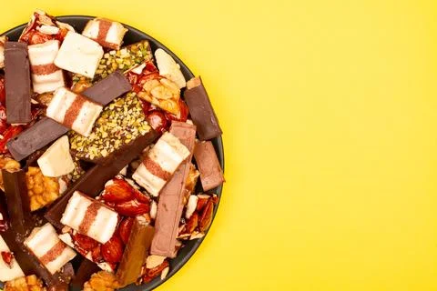 Top view composition or background with delicious chocolate Stock Photos