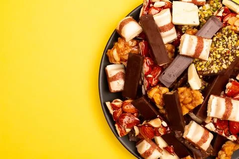 Top view composition or background with delicious chocolate Stock Photos