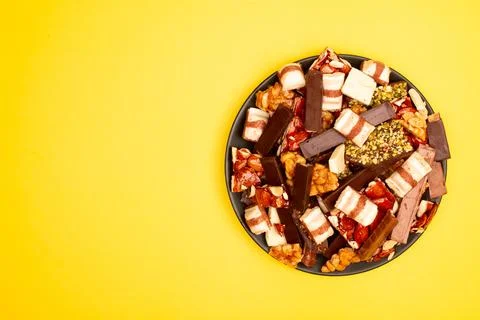 Top view composition or background with delicious chocolate Stock Photos