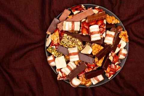 Top view composition or background with delicious chocolate Stock Photos