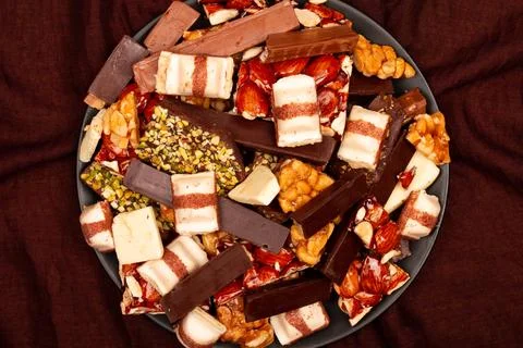 Top view composition or background with delicious chocolate Stock Photos