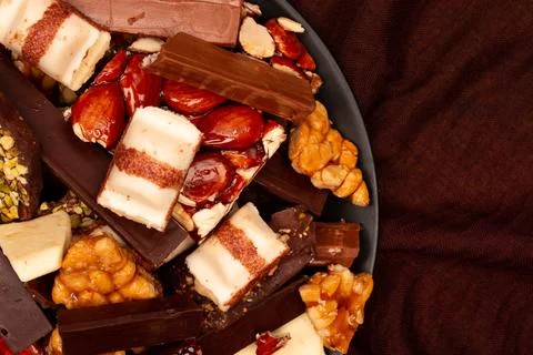 Top view composition or background with delicious chocolate Stock Photos