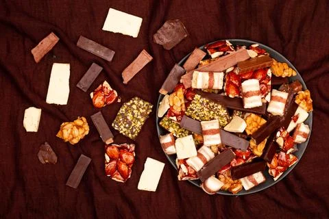 Top view composition or background with delicious chocolate Stock Photos