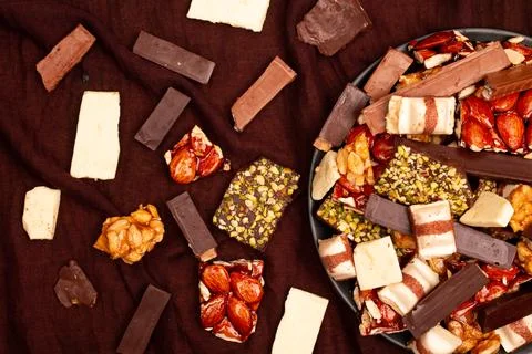 Top view composition or background with delicious chocolate Stockfoto's