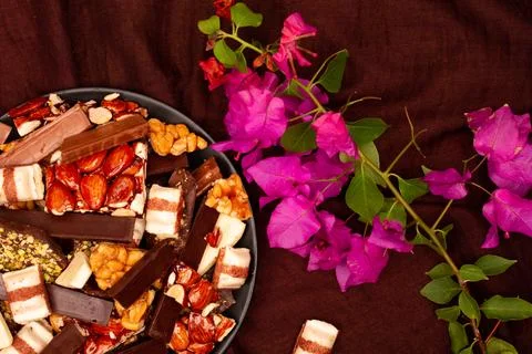 Top view composition or background with delicious chocolate Stock Photos