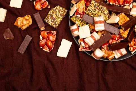 Top view composition or background with delicious chocolate Stock Photos