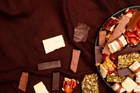 Top view composition or background with delicious chocolate Stock Photos