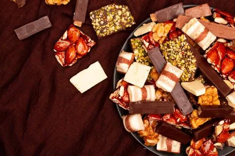 Top view composition or background with delicious chocolate Stock Photos