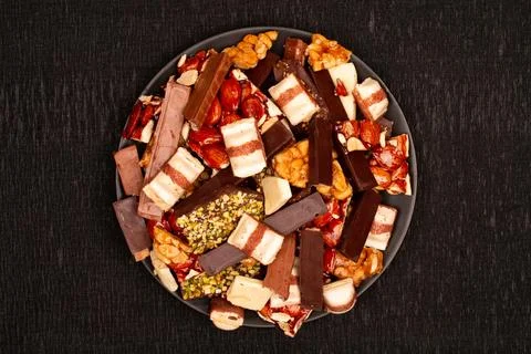 Top view composition or background with delicious chocolate Stock Photos