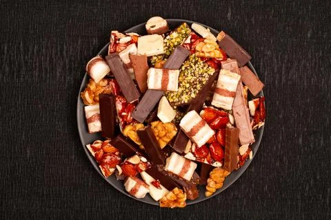 Top view composition or background with delicious chocolate Stockfoto's