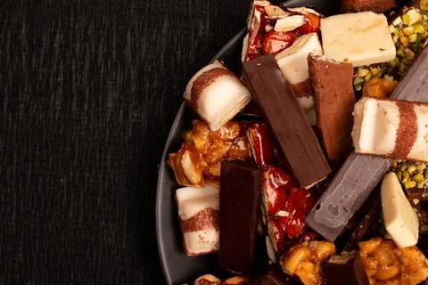 Top view composition or background with delicious chocolate Stock Photos