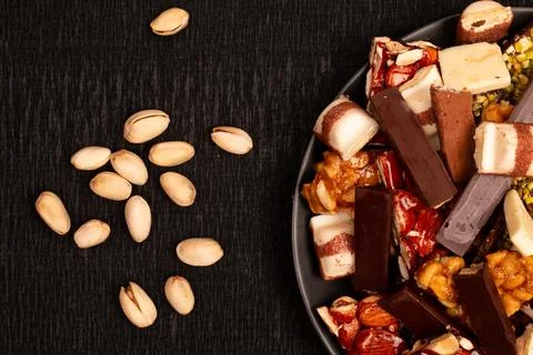 Top view composition or background with delicious chocolate Stock Photos