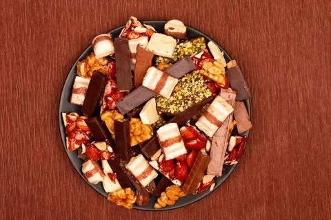 Top view composition or background with delicious chocolate Stock Photos