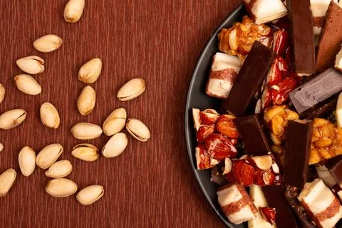 Top view composition or background with delicious chocolate Stockfoto's