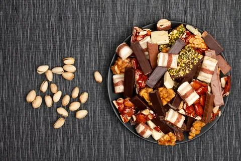 Top view composition or background with delicious chocolate Stock Photos