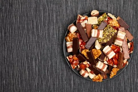 Top view composition or background with delicious chocolate Stock Photos