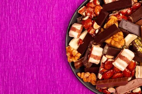 Top view composition or background with delicious chocolate Stock Photos