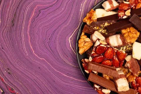 Top view composition or background with delicious chocolate Stock Photos