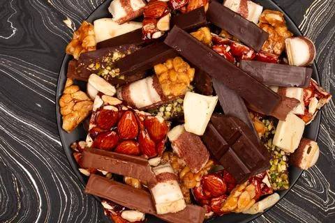 Top view composition or background with delicious chocolate Stock Photos