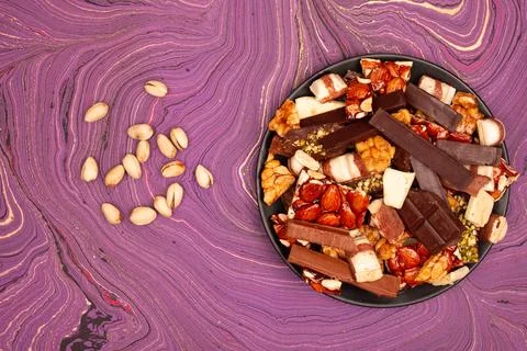 Top view composition or background with delicious chocolate Stock Photos