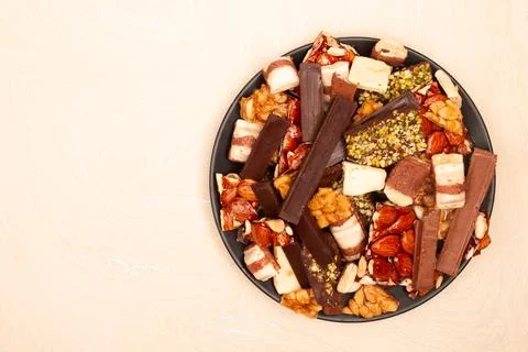 Top view composition or background with delicious chocolate Stock Photos