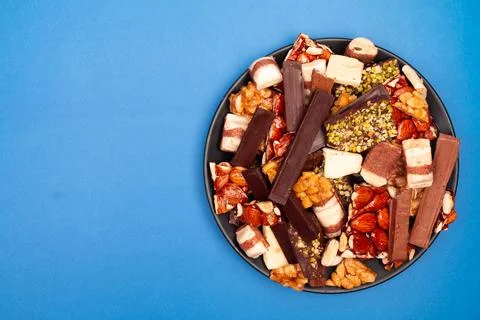 Top view composition or background with delicious chocolate Stock Photos