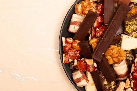 Top view composition or background with delicious chocolate Stock Photos