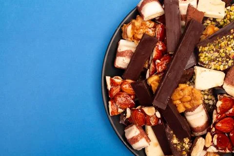 Top view composition or background with delicious chocolate Stock Photos