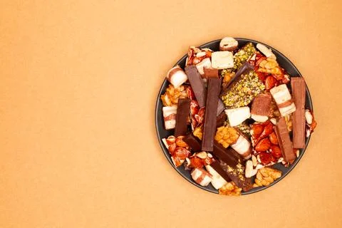 Top view composition or background with delicious chocolate Stock Photos