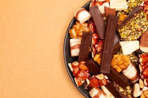 Top view composition or background with delicious chocolate Stock Photos