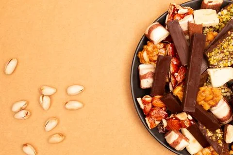 Top view composition or background with delicious chocolate Stock Photos