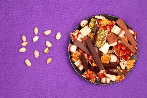 Top view composition or background with delicious chocolate Stock Photos