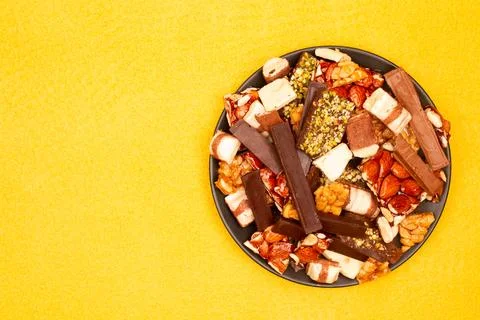 Top view composition or background with delicious chocolate Stock Photos