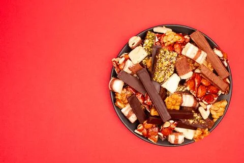 Top view composition or background with delicious chocolate Stock Photos