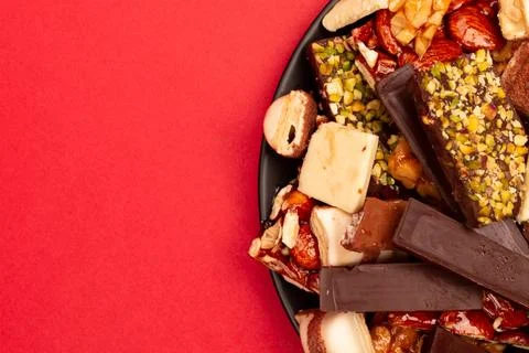 Top view composition or background with delicious chocolate Stock Photos