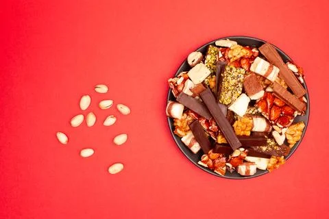 Top view composition or background with delicious chocolate Stock Photos