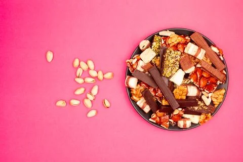 Top view composition or background with delicious chocolate Stock Photos