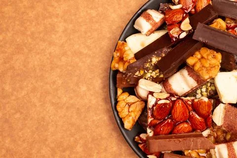 Top view composition or background with delicious chocolate Stock Photos