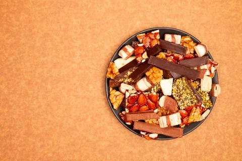 Top view composition or background with delicious chocolate Stock Photos