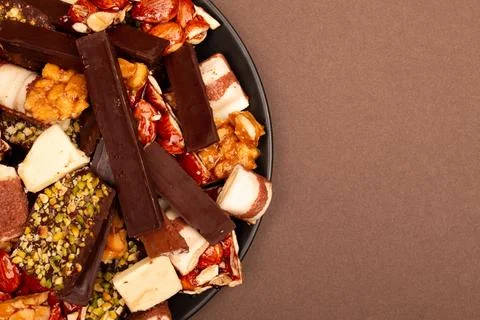 Top view composition or background with delicious chocolate Stock Photos